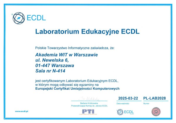  Akademia WIT jest Certyfikowanym Laboratorium Edukacyjnym ECDL