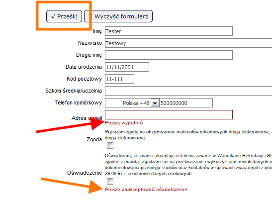 Przycisk Prześlij i akceptacja oświadczenia