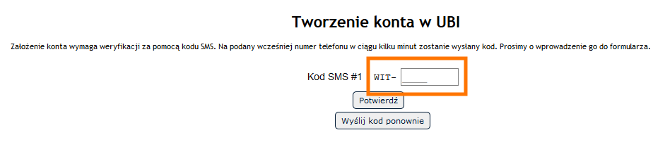 Formularz wprowadzania kodu SMS