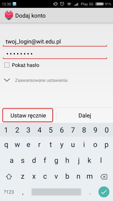 Wprowadzanie danych logowania w K9 Mail