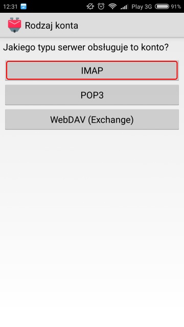 Wybór protokołu IMAP w K9 Mail