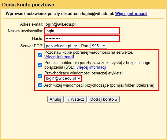 Konfiguracja opcji pobierania poczty