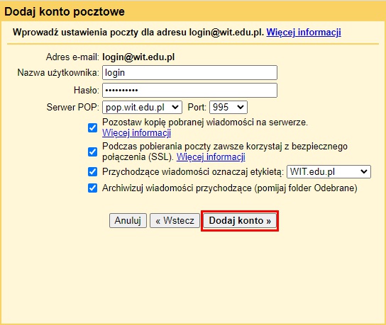 Potwierdzenie dodania konta