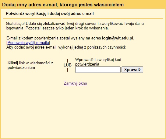 Informacja o wysłaniu kodu weryfikacyjnego